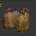 Five Textured Burlap Storage Sacks With Knotted Tops On Dark Background 3d model