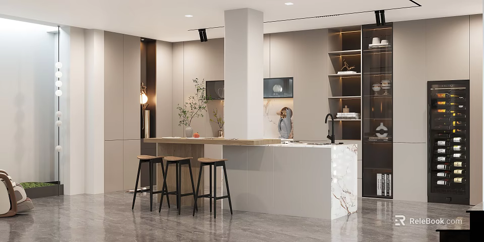 Modern Open Kitchen Bar Counter Design With Marble Top And Black Stools 3d model
