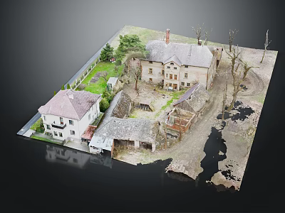 Cartoon Scene With Old Houses New Buildings Green Grass Dry Trees And Dirt Road 3d model