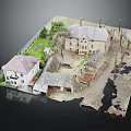 Cartoon Scene With Old Houses New Buildings Green Grass Dry Trees And Dirt Road