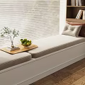Cozy Bay Window Seat with Cushioned Surface Blinds Tray of Green Plant Fruits and Bookshelf