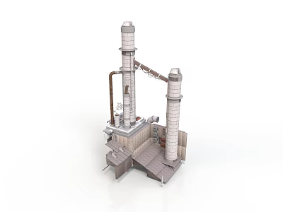 Industrial Building Structure With Two Tall Chimneys Metal Pipes And Platforms 3d model
