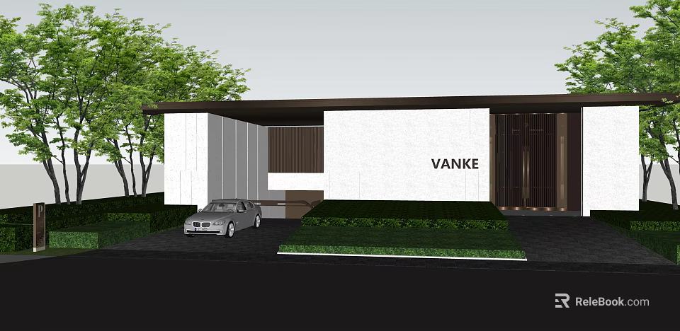 Sleek Modern VANKE Building Exterior Entrance Gate With White Wall And Greenery 3d model 