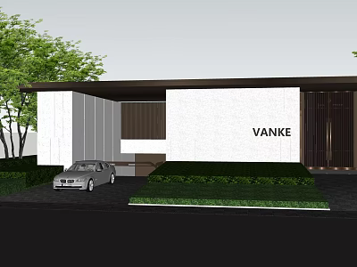 Sleek Modern VANKE Building Exterior Entrance Gate With White Wall And Greenery 3d model