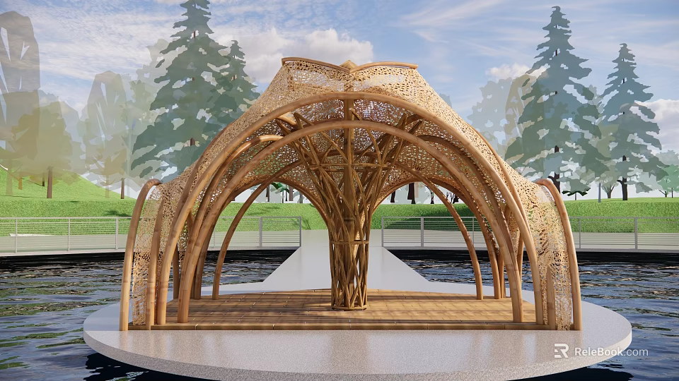 Thatched House Bamboo Structure Arched Roof Waterfront Platform With Trees Grass Blue Sky White Clouds 3d model 