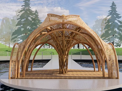 Thatched House Bamboo Structure Arched Roof Waterfront Platform With Trees Grass Blue Sky White Clouds 3d model
