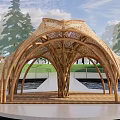 Thatched House Bamboo Structure Arched Roof Waterfront Platform With Trees Grass Blue Sky White Clouds