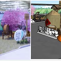 Indoor Greenhouse Garden Display With Rockery Green Plants Pink Cherry Blossom Tree And Stone Mill