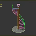 Red Metal Spiral Staircase Model With Circular Silver Base And Decorative Design