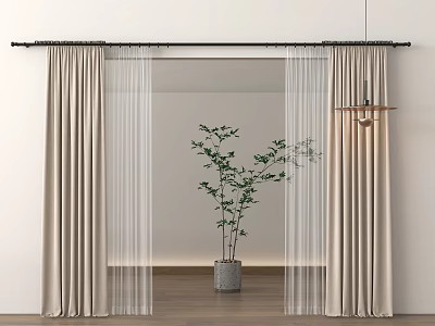 Beige Double Layer Curtains with Sheer in Interior with Potted Plant Wooden Floor Hanging Lamp 3d model