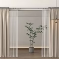 Beige Double Layer Curtains with Sheer in Interior with Potted Plant Wooden Floor Hanging Lamp