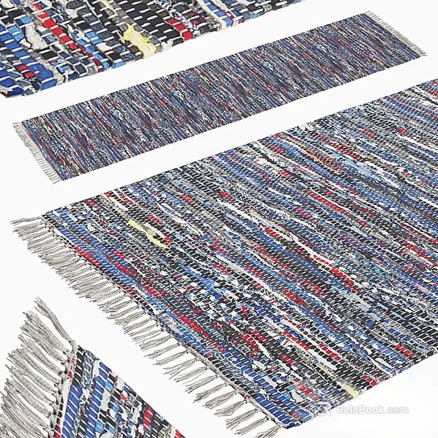 Colorful Square Rugs With Braided Texture And Fringes In Blue Red Black White 3d model 