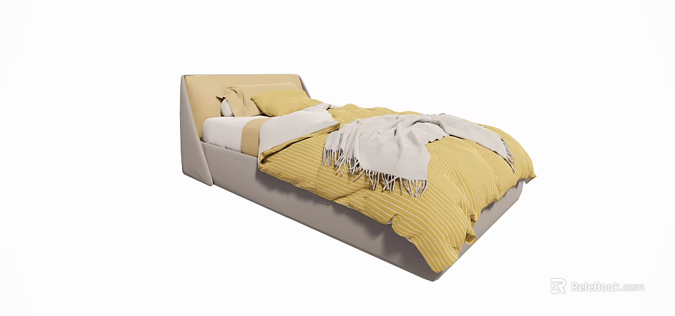 Single Bed with Light Gray Headboard Yellow Quilt White Pillows and Gray Blanket 3d model 