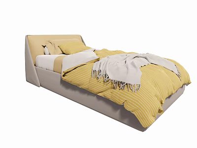 Single Bed with Light Gray Headboard Yellow Quilt White Pillows and Gray Blanket 3d model