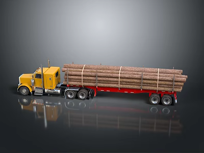 Yellow Heavy Duty Truck Transporting Loaded Logs On Red Trailer 3d model