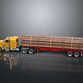 Yellow Heavy Duty Truck Transporting Loaded Logs On Red Trailer
