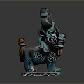 Traditional Mythical Beast Statue With Blue Brown Color Intricate Spiral Patterns Curled Horns And Square Base