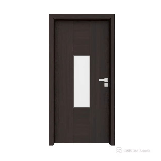 Dark Brown Hinged Door With Rectangular Glass Panel And Silver Handle 3d model