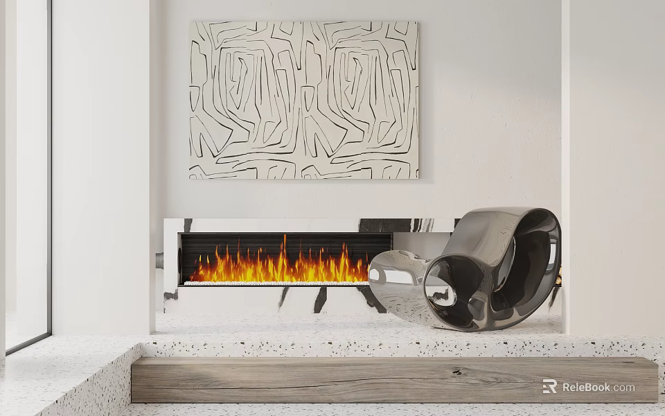 Modern Silver Leisure Chair by Fireplace with Flames and Abstract Wall Art 3d model 