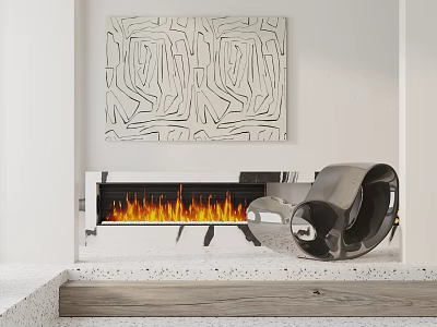 Modern Silver Leisure Chair by Fireplace with Flames and Abstract Wall Art 3d model