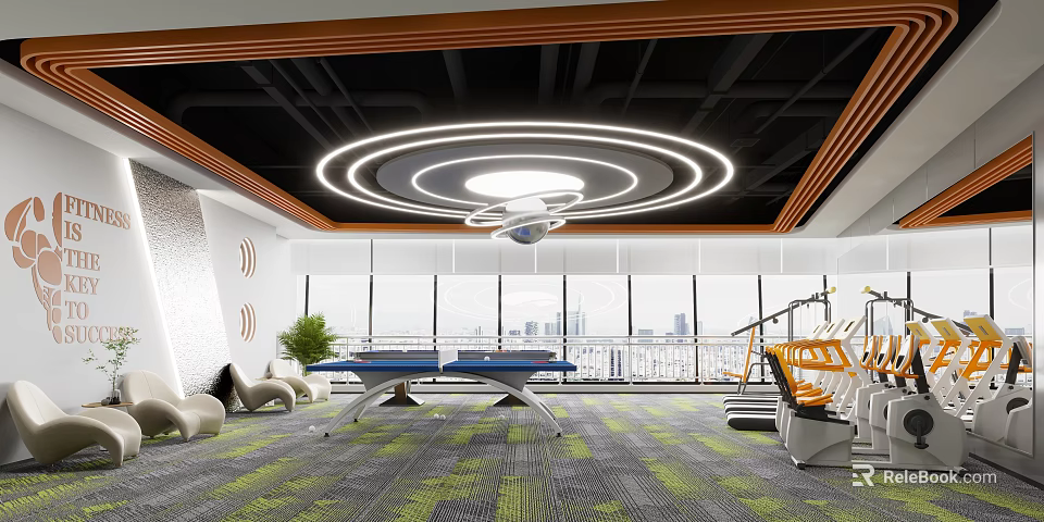 Indoor Fitness Room With Table Tennis Gym Equipment And Urban View 3d model 