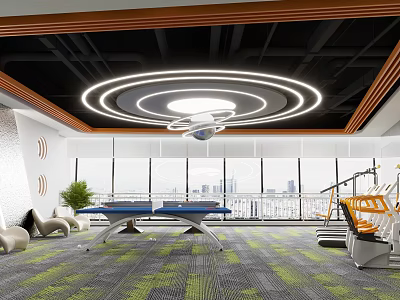 Indoor Fitness Room With Table Tennis Gym Equipment And Urban View 3d model