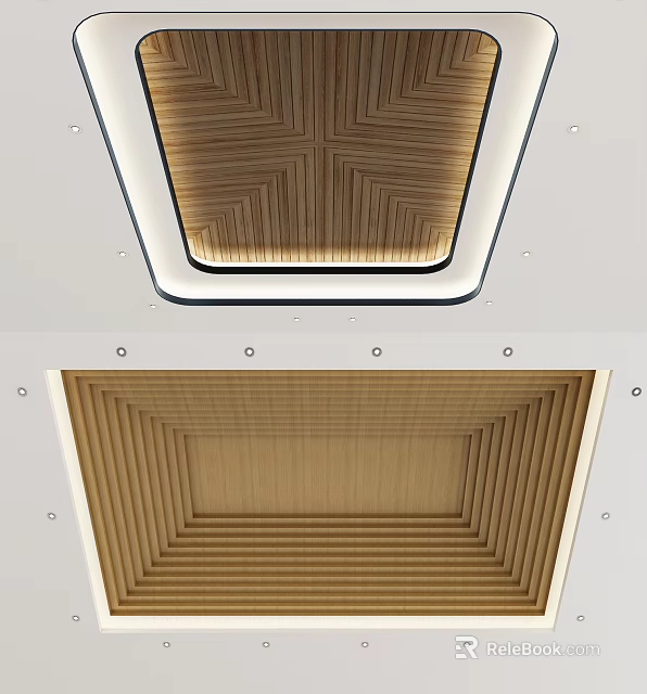 Modern Wooden Ceiling Design With Textured Panels White Border And Recessed Lights 3d model 