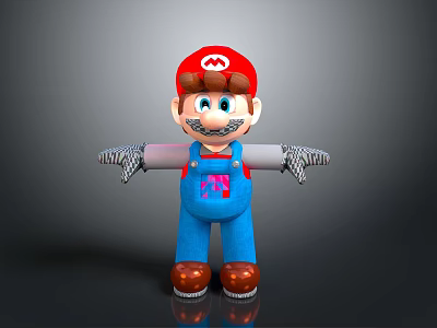 3D Cartoon Character In Red Hat Blue Overalls With Open Arms Brown Shoes And Braces 3d model