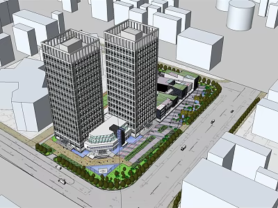Modern Office Building Exterior Featuring Two Tall Towers Green Lawns And Trees 3d model