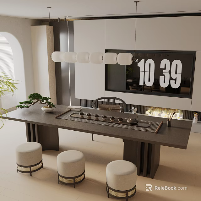 Modern Dining Table Set With Tea Set Round Stools Pendant Lights And White Cabinets 3d model 