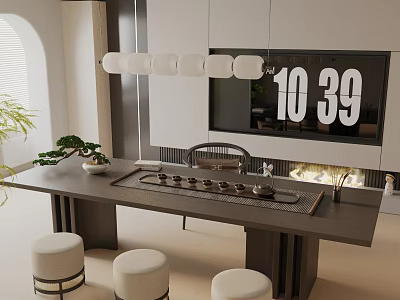 Modern Dining Table Set With Tea Set Round Stools Pendant Lights And White Cabinets 3d model