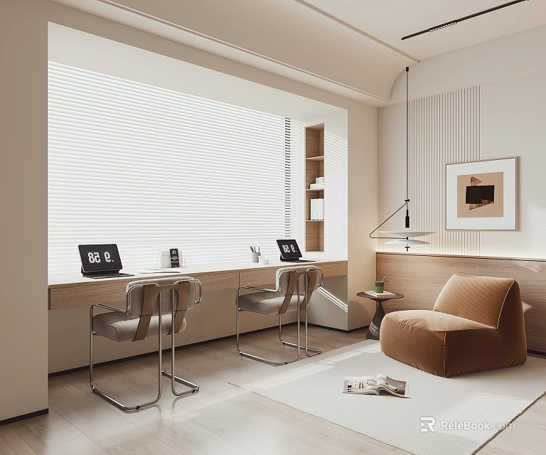 Modern Study Room Interior With Two Desks Laptops Window Blinds Tan Armchair Bookshelf And Rug 3d model 