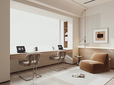 Modern Study Room Interior With Two Desks Laptops Window Blinds Tan Armchair Bookshelf And Rug 3d model