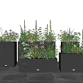 Potted Plants in Gray Rectangular Planters with Green Plants and Purple Flowers on Gray Floor