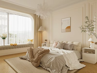 Cozy Bedroom Interior With Window Seat Chandelier Soft Bedding And Artwork 3d model