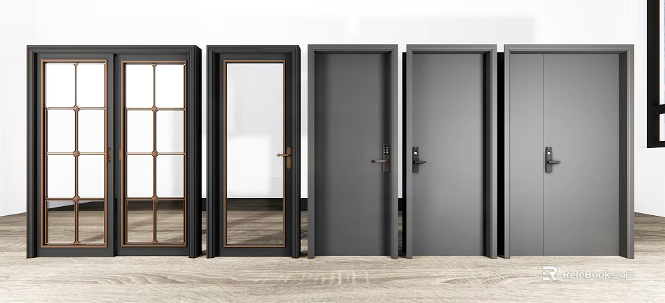 Modern Security Doors With Glass Panels And Different Handle Designs Displayed In A Row 3d model 