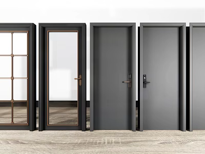 Modern Security Doors With Glass Panels And Different Handle Designs Displayed In A Row 3d model