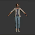 Man With Long Hair Wearing Beige Jacket Gray T-shirt Blue Pants Beige Shoes Arms Outstretched