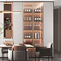 Elegant Modern Restaurant Interior With Wine Cabinets Dining Table And Pendant Lights 3d model