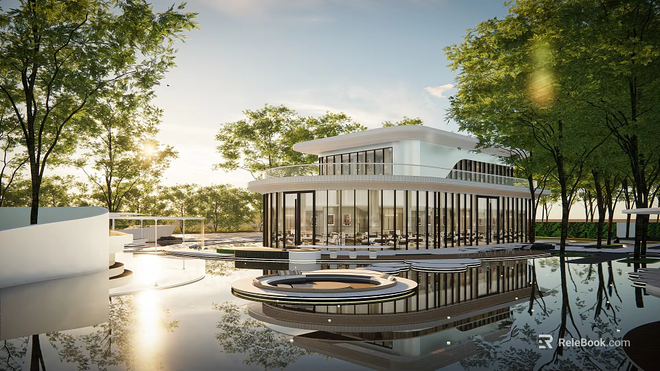 Serene Garden Landscape With Modern Architecture Water Pool Trees And Sunlight Reflection 3d model
