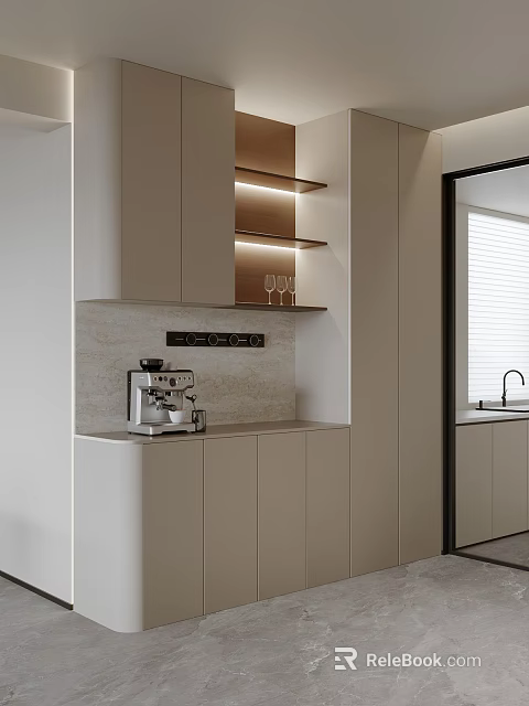 Modern Sideboard With Light Cabinets Stone Countertop Open Shelves And Coffee Machine 3d model 