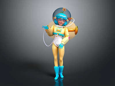 Game Movie Character 3D Model With Blue Hair Astronaut Helmet Yellow Bodysuit Blue Boots Backpack 3d model