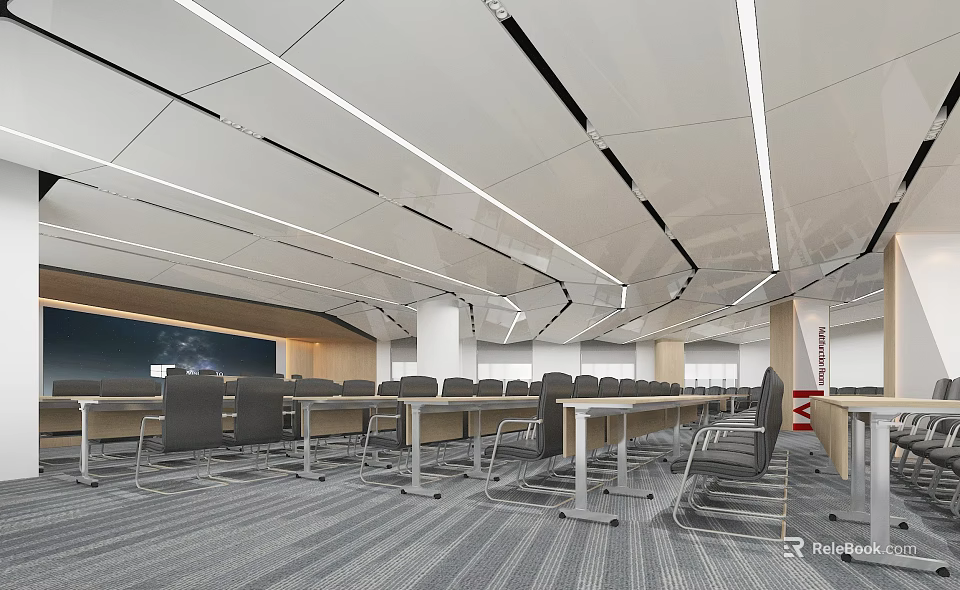 Modern Conference Room Interior With Long Tables Chairs And Ceiling Design And Large Screen 3d model 