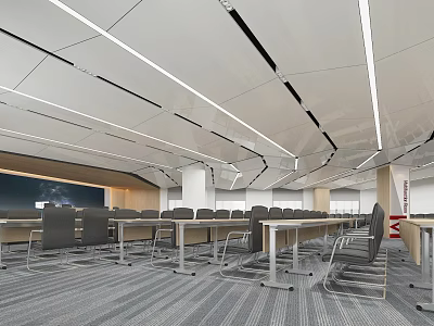 Modern Conference Room Interior With Long Tables Chairs And Ceiling Design And Large Screen 3d model