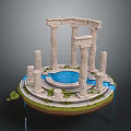 Classical Architecture Model With Circular Platform Central Blue Pool And Decorative Columns