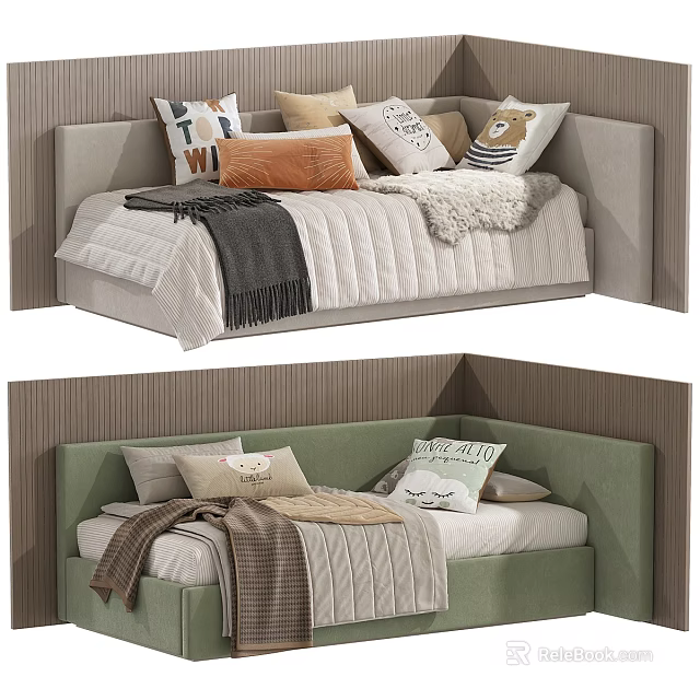 Cozy Children's Bed With Upholstered Headboard Letter Patterned Pillows And Soft Blankets 3d model 
