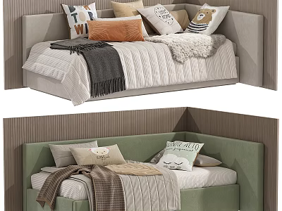 Cozy Children's Bed With Upholstered Headboard Letter Patterned Pillows And Soft Blankets 3d model
