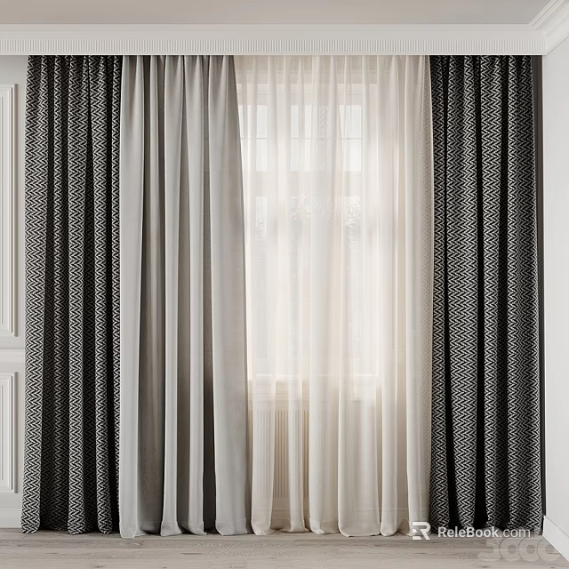 Double Layer Curtains With Dark Patterned Panels And Light Sheer Fabric For Home Window 3d model 