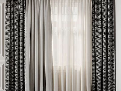 Double Layer Curtains With Dark Patterned Panels And Light Sheer Fabric For Home Window 3d model