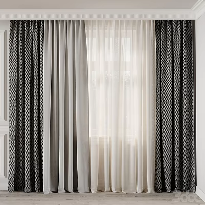 Double Layer Curtains With Dark Patterned Panels And Light Sheer Fabric For Home Window 3d model